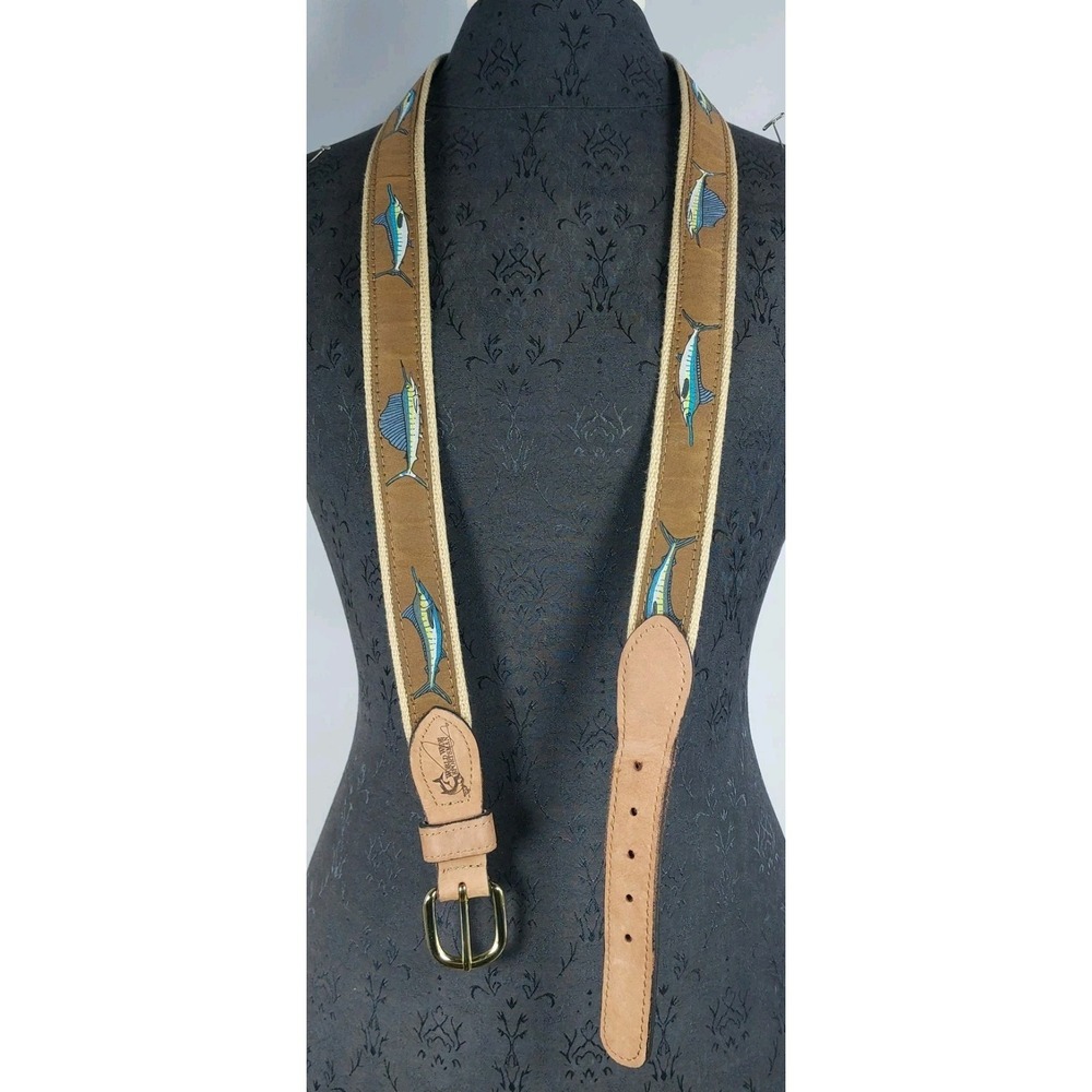 World Wide Sportsman Marlin Ribbon Belt Mens Size 44 Brown Leather Buff Web USA